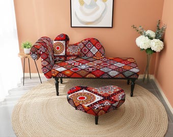 ethnic bedroom bench, statement piece, meditation chair, heart theme decor, chaise sofa, bedroom furniture, unique home gift,
