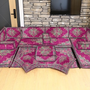 Classic U-Shaped Floor Sofa, Arabic Majlis and Moroccan Seating with Floor Cushions, Ottoman Style Living Room Floor Sofa Set, Cozy Seating