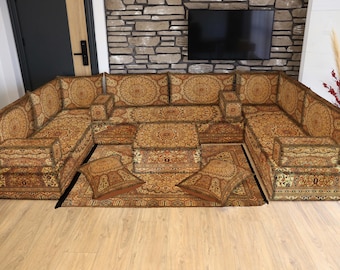 Arabic Sofa, Rug Upholstered Floor Sofa Seating, U FULL SET, Personalized Ottoman Sofa, Moroccan Majlis, L shaped set, Modular Sofa