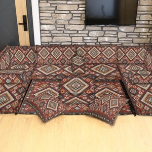 Upholstered Arabic Floor Sofa, U-Shaped Kilim Design Ottoman Seating, Moroccan Traditional Floor Sofa for Living Room Decor, Cozy Seating