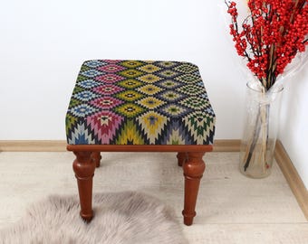 Colored Square Stool with Diamond Tile Embroidery, Wooden Legs Ottoman Stool, Comfy Accent Seating for Boho or Eclectic Interiors