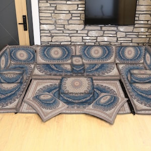 Majlis Cushion Set, Sectional Floor Sofa Seating with Kilim Cushion Covers, Arabic Style Floor Soft Couch with Backrest for Cozy Living Room