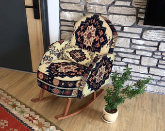 Upholstered Room Seating, Handmade Kilim Print Rocker, Tribal Accent Furniture, Housewarming Gift, Rustic Living Room Decor, Reading Chair