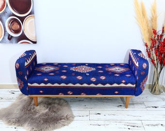 Almacenamiento para la entrada, banco con brazos, sofá floral, asiento largo, banco de comedor, otomana con almacenamiento, muebles hechos a mano, banco de cama, banco azul