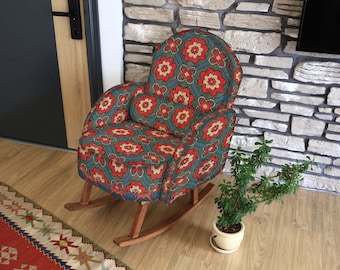 Kilim Pattern Rocking Chair, Ethnic Accent Chair, Turkish Rug Upholstery, Boho Decor, Daddy Rocking Chair, Reading Room Glider, Unique Chair