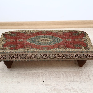 Tribal Step Stool with Kilim Upholstery, Handmade Rustic Footstep, Boho Accent Furniture, Small Ethnic Stool for Bedroom or Entryway