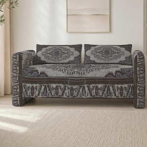 elegant bench, custom furniture, antique rug style, vintage inspired, clutter storage, statement bench, narrow bench