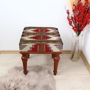 Tribal Kilim Pattern Ottoman Stool, Classic Stylish Comfortable Stool, Elegant Wooden-Legged Seating for Traditional & Boho Interiors