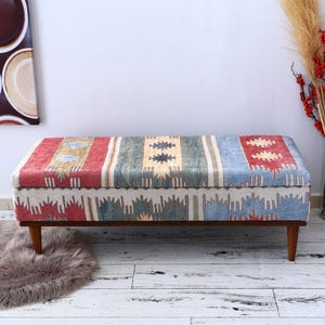 Trunk Coffee Table, Ottoman, Hallway Bench, Entryway Bench, Bedroom Organizer, Footstool, Vintage Rug Bench, Clothes Storage, Blue Bench