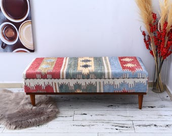 Trunk Coffee Table, Ottoman, Hallway Bench, Entryway Bench, Bedroom Organizer, Footstool, Vintage Rug Bench, Clothes Storage, Blue Bench