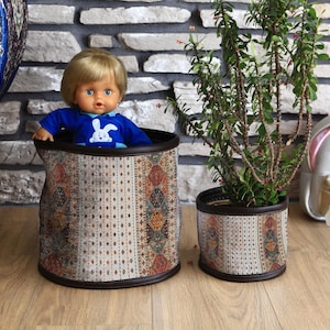 Rustic Basket Planter with Hanging Pot Holder, Bedroom Organizer Basket, Fabric Planter Bag, Flower Pot Cover and Cabinet Storage, Organizer