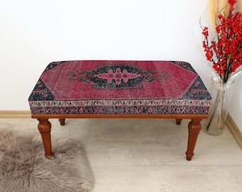 Bench with Kilim Cover, Handwoven Ottoman Style Bench, Turkish Accent Furniture, Bohemian Living Room Bench, Unique Bench for Home Decor