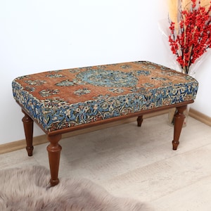 Turkish Kilim Bench Ottoman, Boho Footstool, Entryway Seating, Handmade Accent Furniture, Living Room Decor, Upholstered Kilim Bench