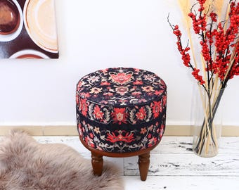 Kilim Design Footstool Bench, Entryway Ottoman And Dressing Table Seating, Round Pouf Chair for Living Room & Kitchen Decor, Yoga stool