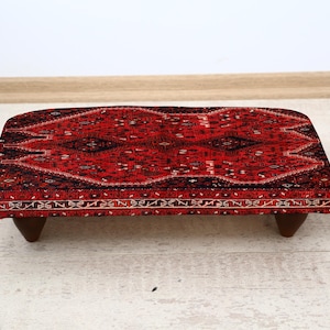 Rustic Rug Designed Footstool, Handmade Ottoman with Tribal Kilim Fabric, Cozy Boho Footrest for Entryway or Bedroom, Ethnic Accent Stool