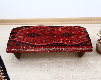 Rustic Rug Designed Footstool, Handmade Ottoman with Tribal Kilim Fabric, Cozy Boho Footrest for Entryway or Bedroom, Ethnic Accent Stool