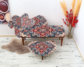Boho Kilim Printed Chaise Lounge, Bench with backrest, Special event lounge, Perfect for relaxing, Reading corner chaise, Handmade daybed