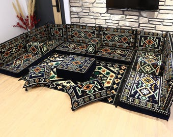 Conjunto de sofá estofado em tapete turco azul-marinho, sofá de chão em formato de U, móveis de jardim, decoração para casa, sofá de canto em L para hóspedes, sofá otomano