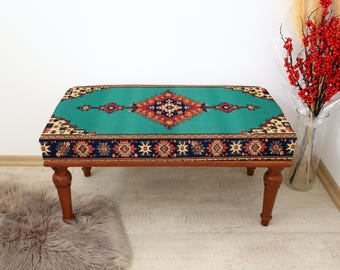 Foot Stool Ottoman, Turkish Rug Design Bench, Long Seat, Upholstered Bench, Coffee Table Bench, Lobby Bench, Minimalist Hallway Bench