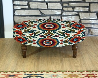 Personalized Rug Upholstered Round Bench, Ottoman Round Bench, Turkish Printed Kilim Coffee Table, Rustic Wooden Pouf, Round Coffee Table