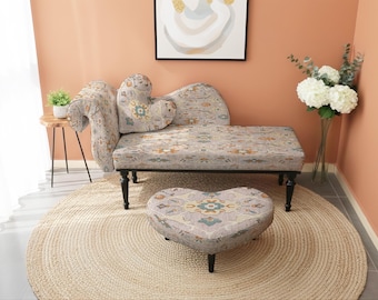 farmhouse decor, handcrafted bench, lounge with footrest, unique shape chair, divan bed, custom upholstered, reading nook decor,