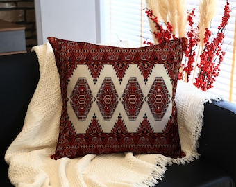 Traditional Turkish Rug Patterned Kilim Pillow in Rich Burgundy Tones, Comfortable Lumbar and Back Cushion for Boho and Ethnic Interiors