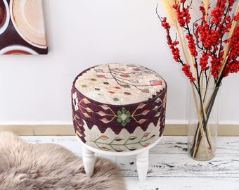 Kilim Design Footstool Bench, Entryway Ottoman And Dressing Table Seating, Round Pouf Chair for Living Room & Kitchen Decor, Yoga stool