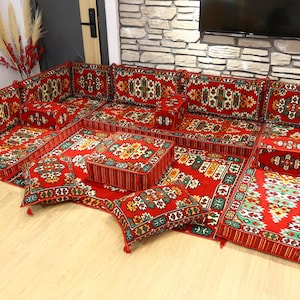 Red Colored Arabic Sofa Seating, Oriental Sofa, Kilim Pillow, U-shaped Floor Pillow, Garden Furniture, Sectional Floor Seating, Yemen Majlis