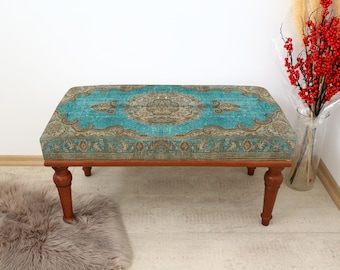 green beige Stylish Bench, Rustic Home Decor Bench, Nomadic Rug Design Bench, Handmade Wooden Legs Bench, Retro Style Ottoman Bench,