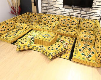 Yellow Kilim Upholstered U FULL Arabic Sofa Set, Oriental Floor Seating Set with Ottoman Sofa, Ottoman Sofa, 4 inch Seating for Living Room