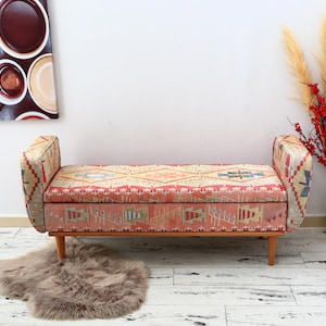 Decorative Bench with Storage, Ottoman Bench With Arms, Make Up Bench, Hallway Shoe Bench, Entryway Ottoman Bench, Boho Kilim Design Bench