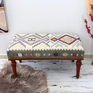 Vintage rug bench, Study desk bench, Piano bench, Bench for bedroom, Ottoman bench, Hallway bench, Upholstered bench , Striped bench