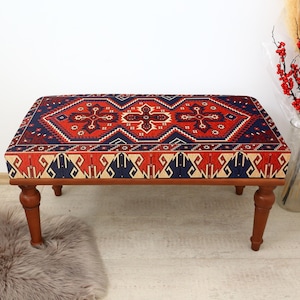 Banco de tapete estofado, Banco otomano, Banco de apoio para os pés, Móveis artesanais, Cadeira boho, Banco de ponta de cama, Banco de entrada, Banco de mesa de jantar