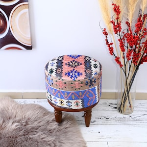 Boho Ottoman Bench 18x18&quot;, Small Entryway Footstool bench, Rug Upholstered Ottoman, Farmhouse Decor Dining Bench, Antique Piano Stool Pouf