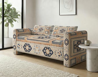library bench, eclectic ottoman, vintage kilim style, concealed storage, bed end bench, hallway furniture, reading corner