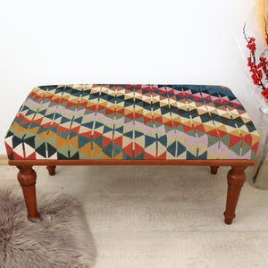 Beige Ottoman Bench - Upholstered with Brown Blue Turkish Rug Patterns , Wood Bench, Bench for living room farmhouse boho bench