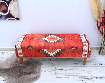 Muebles hechos a mano, banco con almacenaje, mesa de centro con almacenaje, banco de entrada, baúl con almacenaje, taburete vintage, banco tapizado con almacenaje, banco naranja
