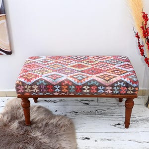 Kilim Rug Bench, Ottoman Upholstered Bench, Handmade Furniture, Footstool Bench, Aztec Bench, Farmhouse Decor, Entry Bench Orientral bench