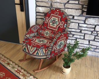 Kilim Pattern Upholstery, Designer Rocking Chair, Handmade Wooden Glider Armchair, Bohemian Living Room Accent Furniture, Reading Rocker