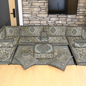 Kilim Design Floor Sofa, U-Shaped Arabic and Moroccan Ottoman Seating, Traditional Floor Couch for Boho Living Room Decor, Cozy Floor Sofa