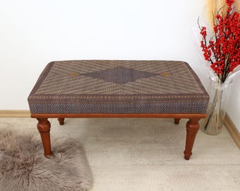 vintage rug bench, handmade furniture, upholstered bench, sitting ottoman, dining bench, boho furniture, padded bench