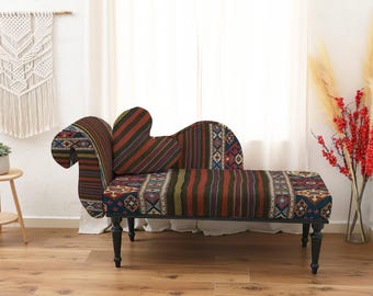 funky furniture, bohemian living room, chaise and ottoman, heart pillow sofa, curved sofa, bohemian chic bench, reading chair,