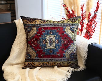 Decoratief kelimkussen met kleurrijk op tapijten geïnspireerd patroon, levendig etnisch kussen voor woonkamer in bank-, bed- of bohostijl