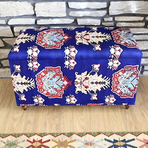 Navy Floral bench, Contemporary bench, Regular storage, Ottoman furniture, Room organizer, Sitting storage, Art deco bench, Foyer bench,