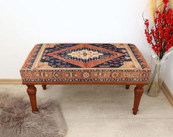 Banc rembourré, Banc imprimé design Kilim, Banc de salon, Banc d'aspect antique, Banc ottoman de chambre à coucher, Banc de table à manger, Banc de piano