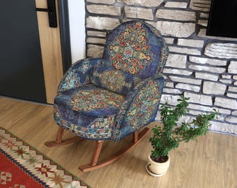 Tapestry Rocking Chair, Upholstered Oriental Medallion Print, Elegant Wooden Glider, Unique Nursery Seating, Handmade Reading Chair