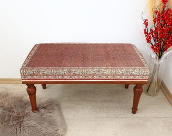 Eclectic Hallway Stool, Handmade Upholstered Seat with Kilim Pattern, Rustic Accent Bench for Entryway or Living Room Decor, Cozy Footrest