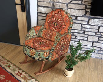 Terracotta Kilim Printed Rocking Chair, Rug Upholstered Print Glider, Unique Seating, Home Decor, New Home Gift, Reading Chair, Custom Chair