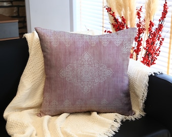 Square Kilim Pillow with Faded Purple Hue and Delicate White Ornamental Pattern, Decorative Cushion for Sofa, Bed, or Boho Interiors