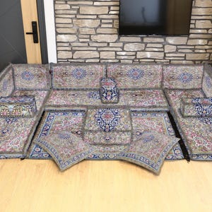 Upholstered Kilim Design Floor Sofa, U-Shaped Arabic and Moroccan Seating, Traditional Ottoman Floor Couch for Living Room Decor, Floor Seat